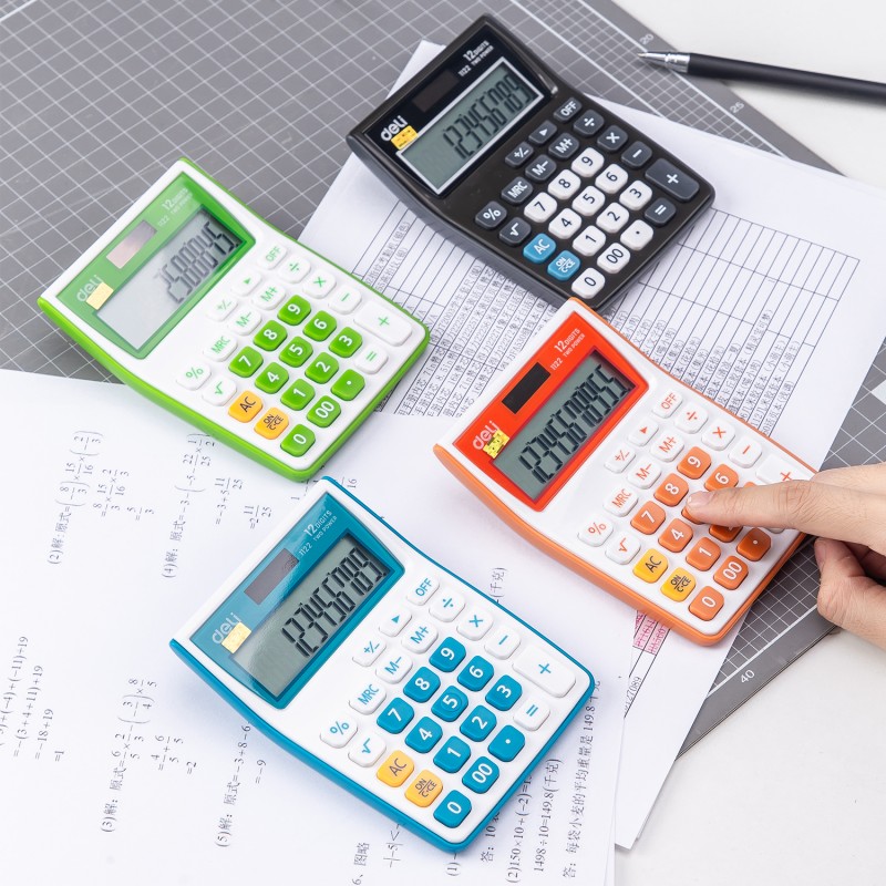 Calculatrice portative Deli E1122, disponible en couleurs diverses chez It Delta Com, compacte et colorée, idéale pour étudiants et professionnels.