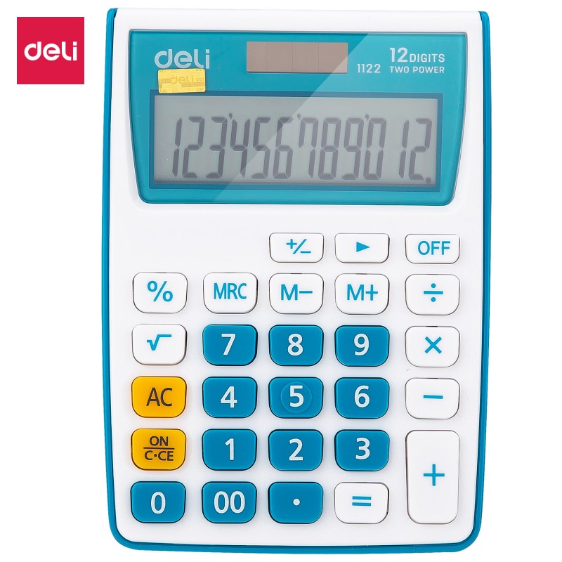 Calculatrice de poche Deli E1122 BL, compacte et élégante en blanc, parfaite pour un usage quotidien à l'école, au bureau ou à domicile.