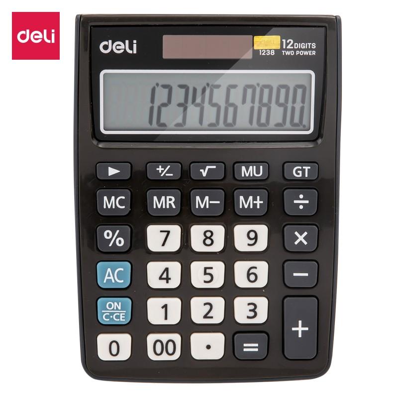 Calculatrice de bureau Deli E1238, disponible en bleu, gris, vert, et orange, allie style et fonctionnalité pour un usage quotidien intensif.