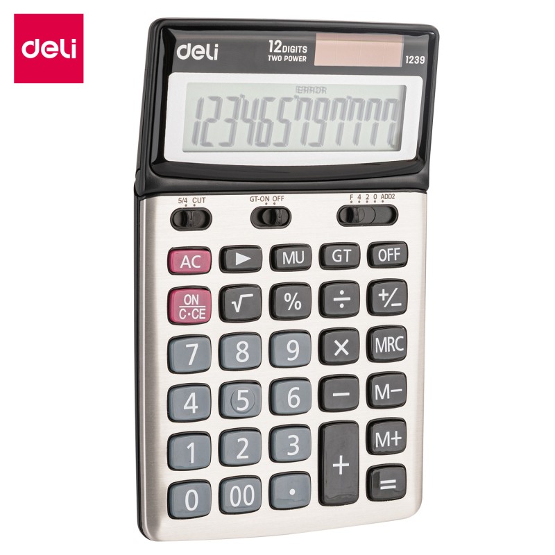 Calculatrice de bureau Deli E1239, robuste et pratique, équipée pour répondre aux exigences des environnements professionnels et éducatifs.