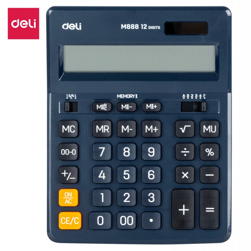 Calculatrice à double mémoire Deli EM888F en bleu, sophistiquée et pratique, disponible chez It Delta Com, parfaite pour les professionnels multi-tâches.