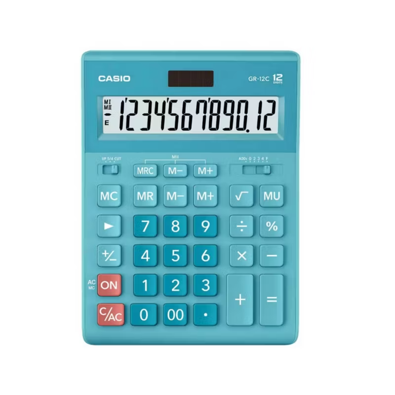 It Delta Com vous propose la calculatrice Casio GR-12C-LB-W-DP, une calculatrice portable et fiable avec écran LCD 12 chiffres, idéale pour un usage quotidien.