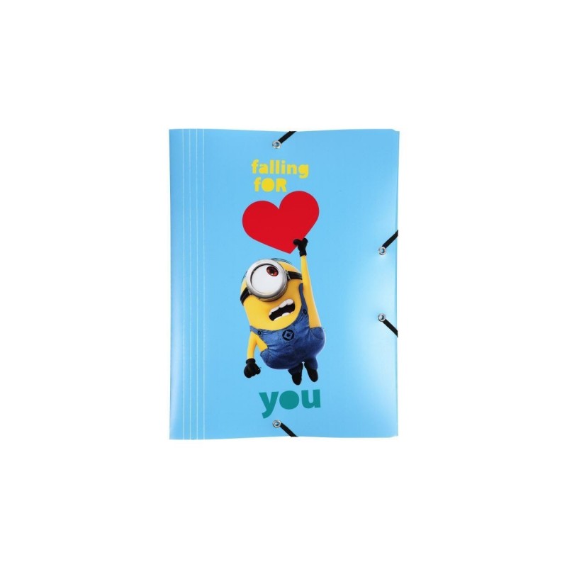 Chemise ludique Minions format A4 en polypropylène avec 3 rabats et élastiques. Protection imperméable et design amusant pour les documents scolaires et personnels.