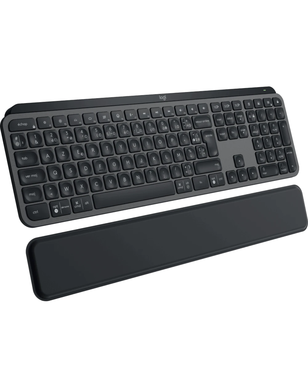 Le clavier sans fil Logitech MX Keys Plus AZERTY avec repose-poignets allie confort, précision et design élégant, idéal pour les professionnels exigeants.