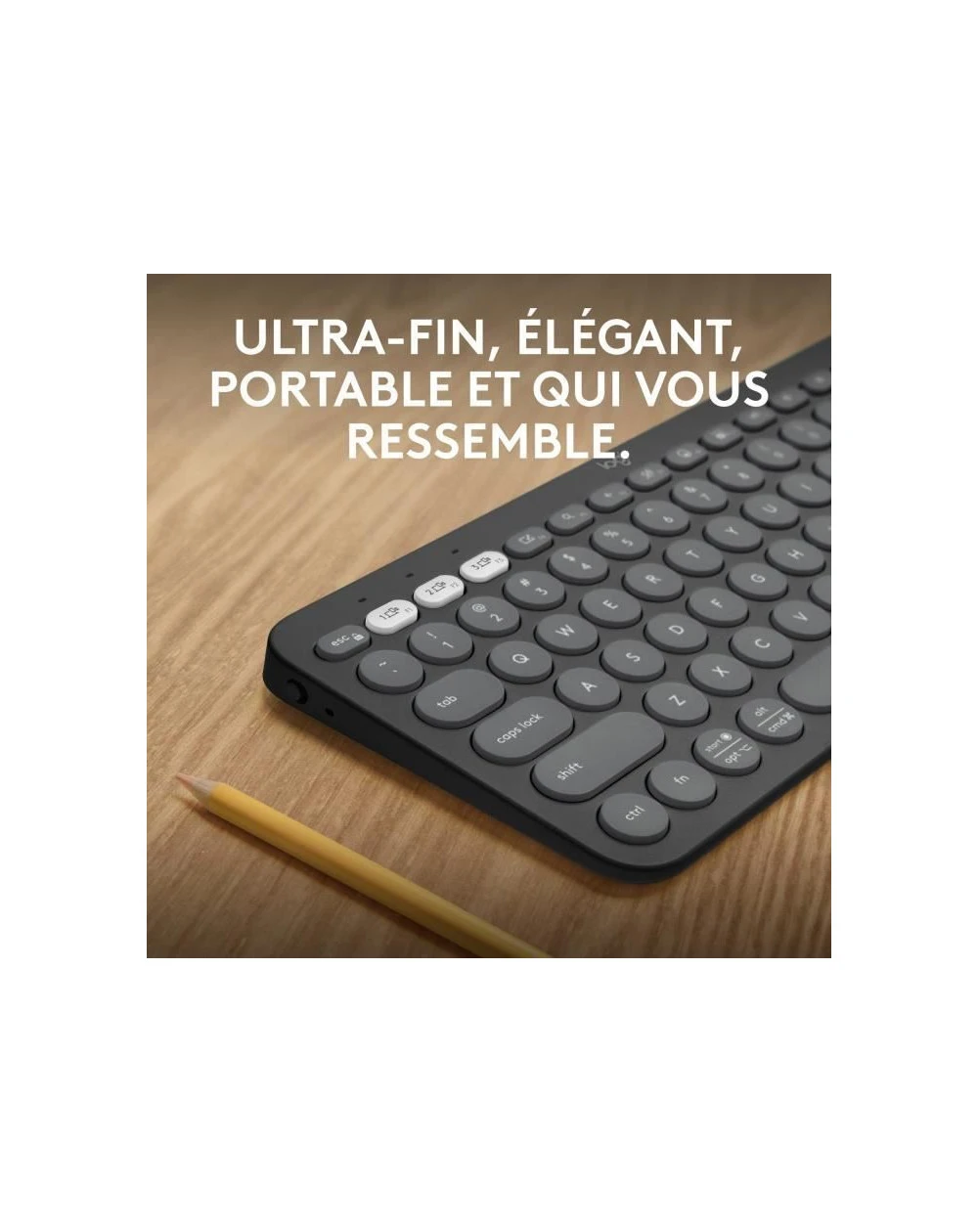 Le Logitech Pebble Keys 2 K380s est un clavier sans fil compact, Bluetooth, avec boutons Easy-Switch, compatible multiplateforme et batterie longue durée.