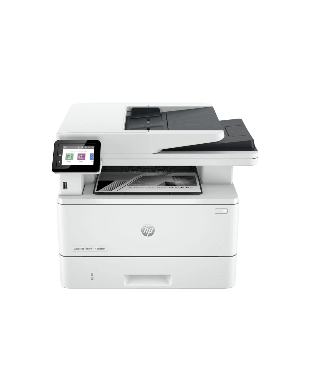 L'HP LaserJet Pro 4103fdn est une imprimante monochrome multifonction, rapide et efficace, offrant impression, copie, numérisation et fax avec connectivité Ethernet.