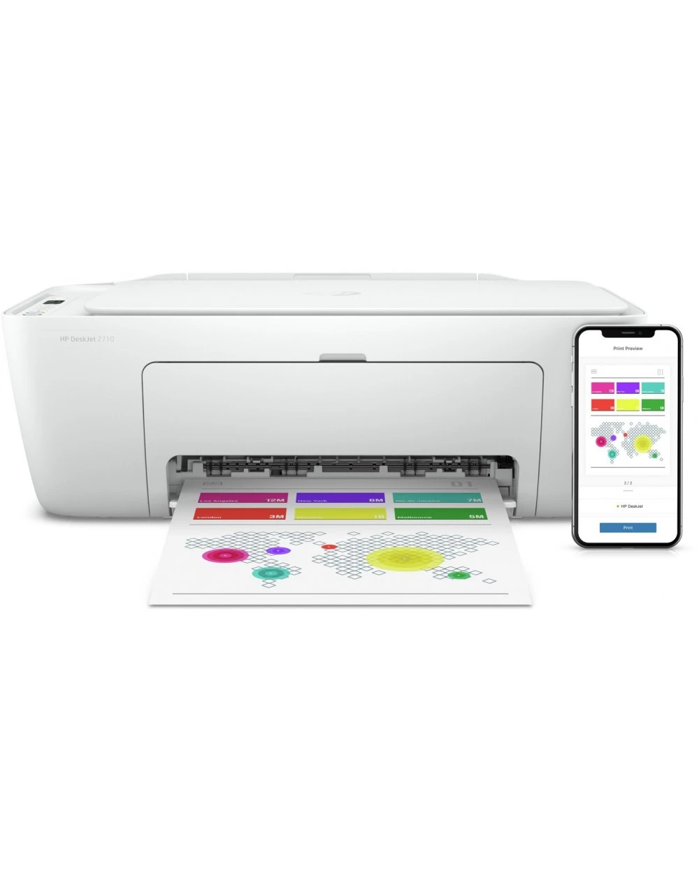 HP DeskJet Ink 2710 : imprimante multifonction jet d'encre, idéale pour l'impression, la copie et la numérisation, avec connectivité Wi-Fi et faible coût d’utilisation.