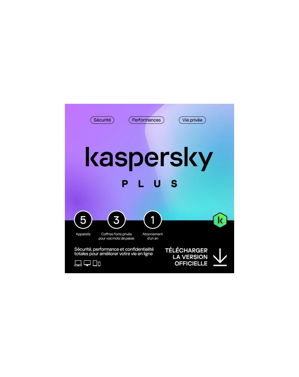 Kaspersky Plus (anciennement Kaspersky Internet Security) offre une protection de qualité supérieure contre les virus, malwares et menaces en ligne. Licence pour 5 postes pendant 1 an, garantissant une sécurité optimale pour vos appareils et vos données personnelles.