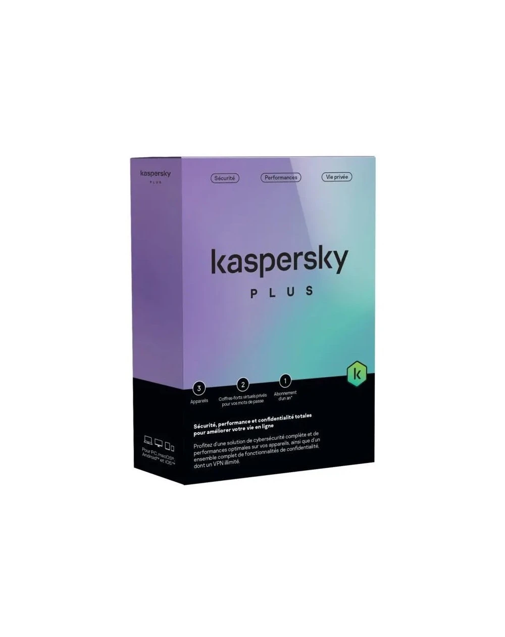 Kaspersky Plus (anciennement Kaspersky Internet Security) assure une protection renforcée contre les virus, malwares, ransomwares et autres menaces. Licence pour 3 postes pendant 1 an, garantissant la sécurité de vos appareils et de vos informations personnelles.