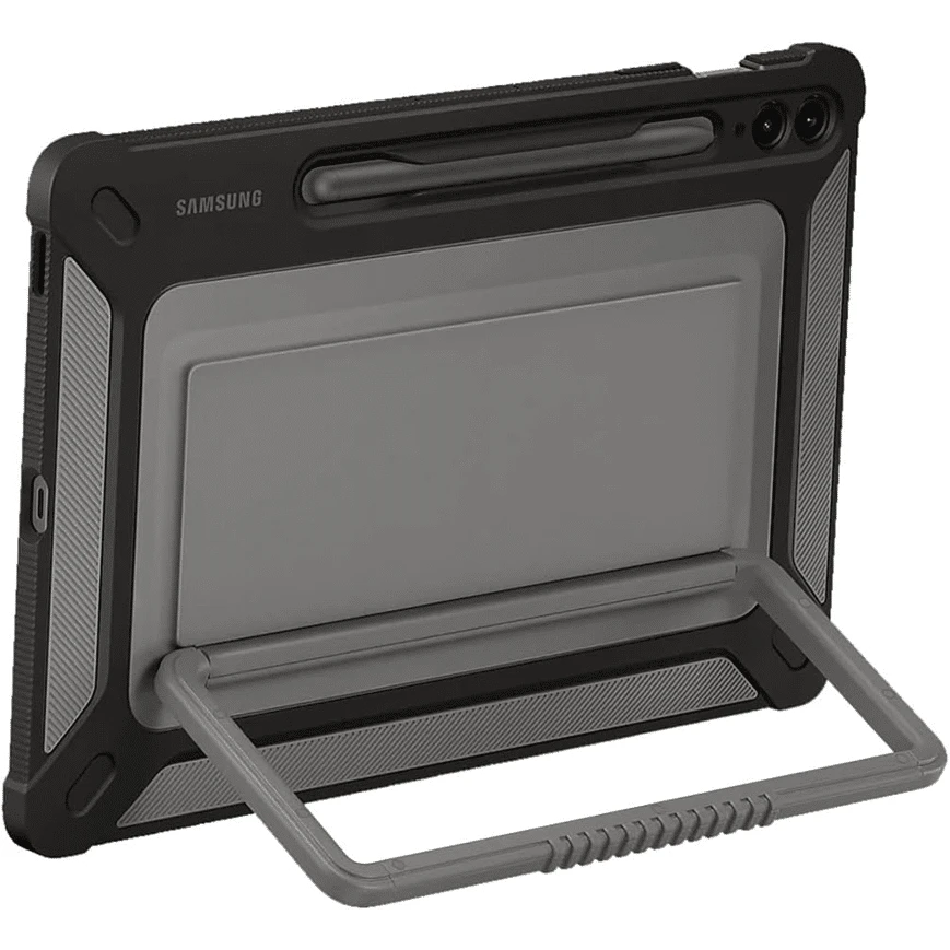 Étui extérieur Samsung Galaxy Tab S9 FE+ robuste avec protection anti-chocs, béquille intégrée et porte-S Pen pour une utilisation pratique et sécurisée.