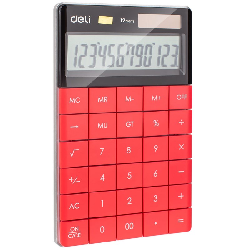 Calculatrice de bureau DELI E1589, disponible en plusieurs couleurs (blanc, bleu, rouge, vert, noir) pour une utilisation quotidienne polyvalente et élégante.