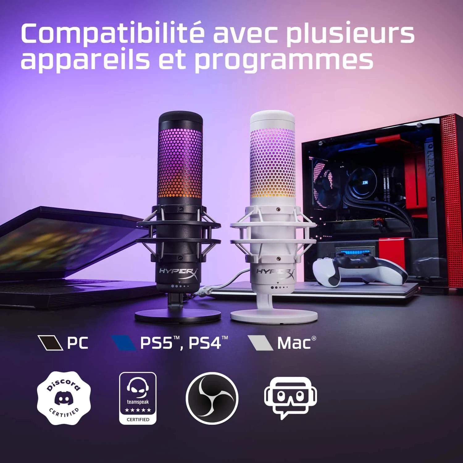 Le HyperX QuadCast S (519P0AA) est un microphone USB haut de gamme avec éclairage RVB personnalisable. Offrant quatre modes de directivité (stéréo, omnidirectionnel, cardioïde, bidirectionnel), il est parfait pour le streaming, le gaming, les podcasts et les visioconférences.