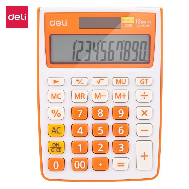 Calculatrice de bureau Deli E1238, disponible en bleu, gris, vert, et orange, allie style et fonctionnalité pour un usage quotidien intensif.