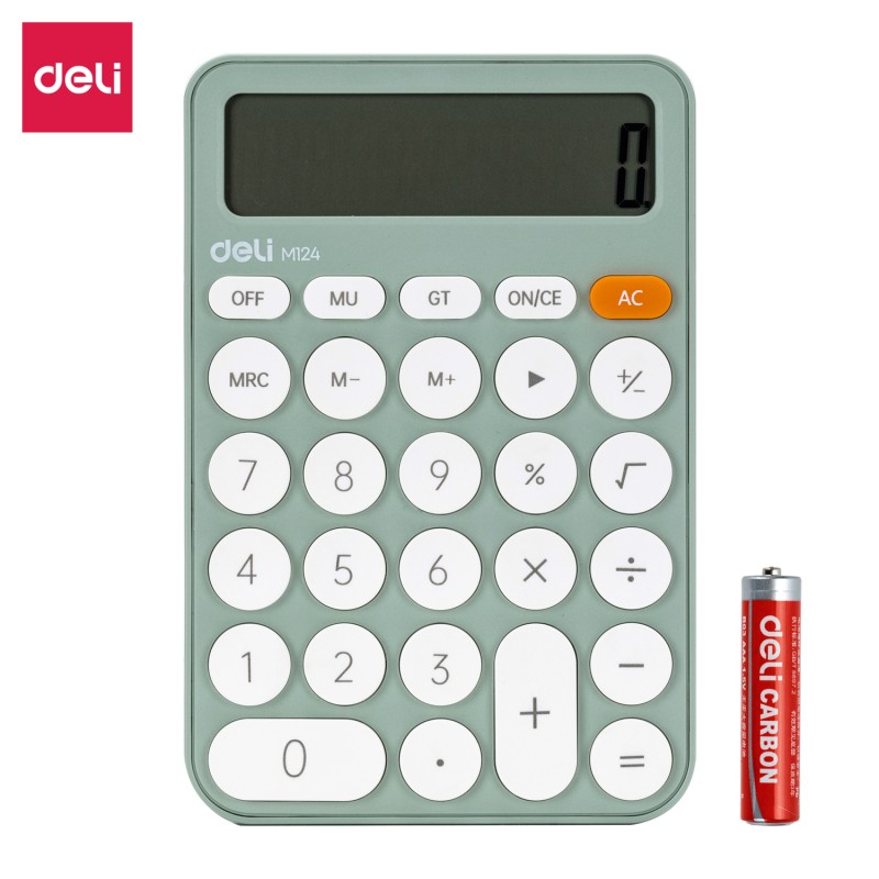 Calculatrice Deli M124, disponible en couleurs vives (rose, bleu, et vert) chez It Delta Com, parfaite pour les étudiants et professionnels à la recherche d'un outil coloré et fonctionnel.