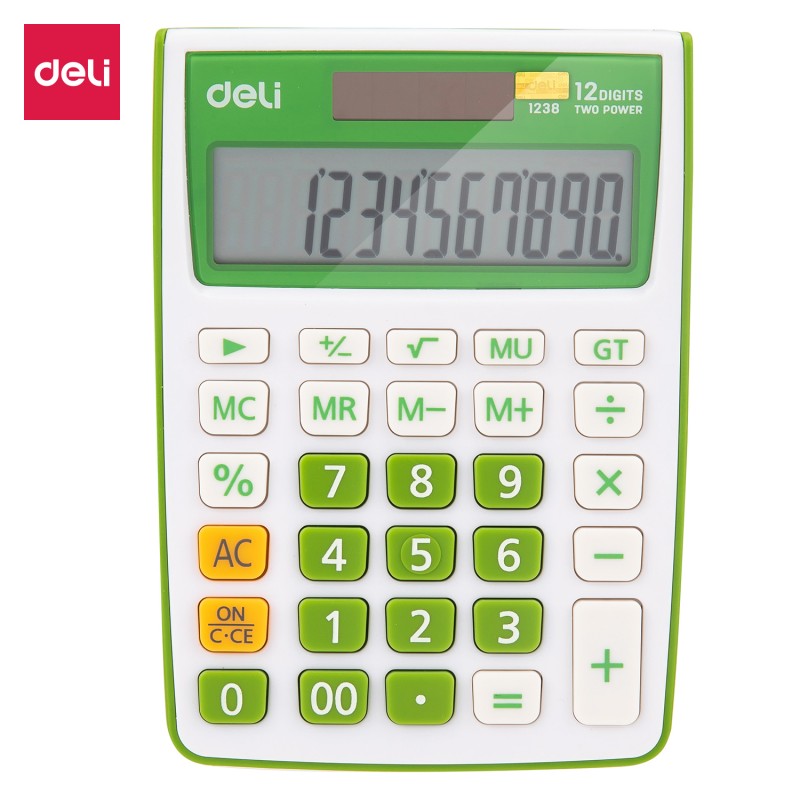 Calculatrice de bureau Deli E1238, disponible en bleu, gris, vert, et orange, allie style et fonctionnalité pour un usage quotidien intensif.