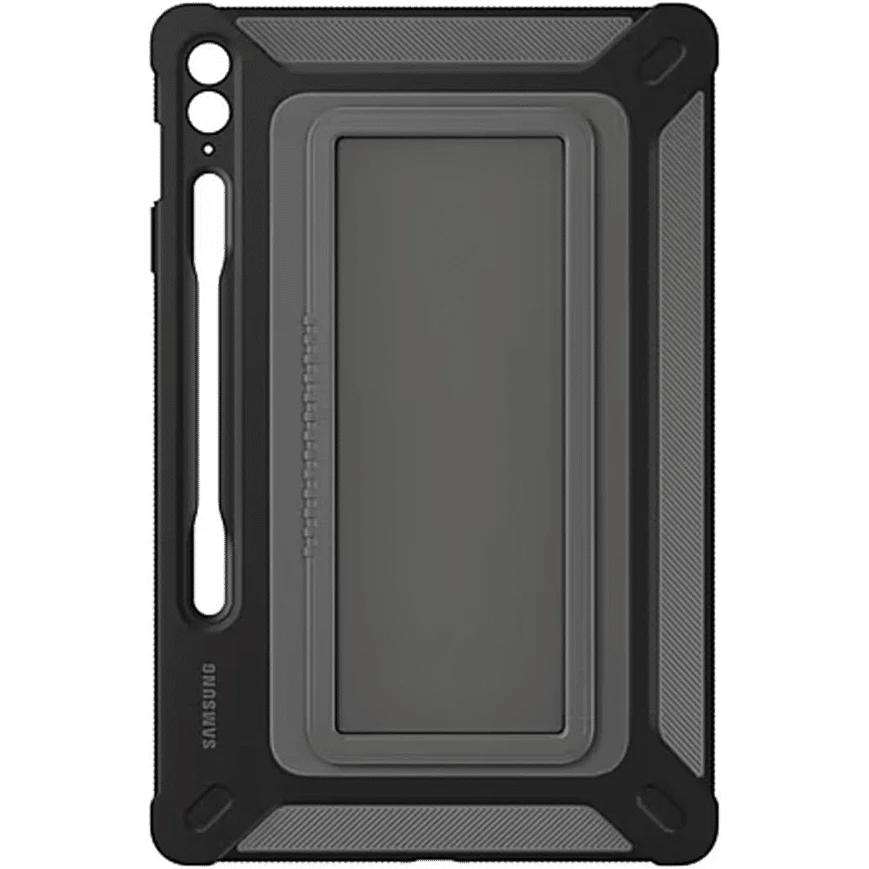 Étui extérieur Samsung Galaxy Tab S9 FE+ robuste avec protection anti-chocs, béquille intégrée et porte-S Pen pour une utilisation pratique et sécurisée.