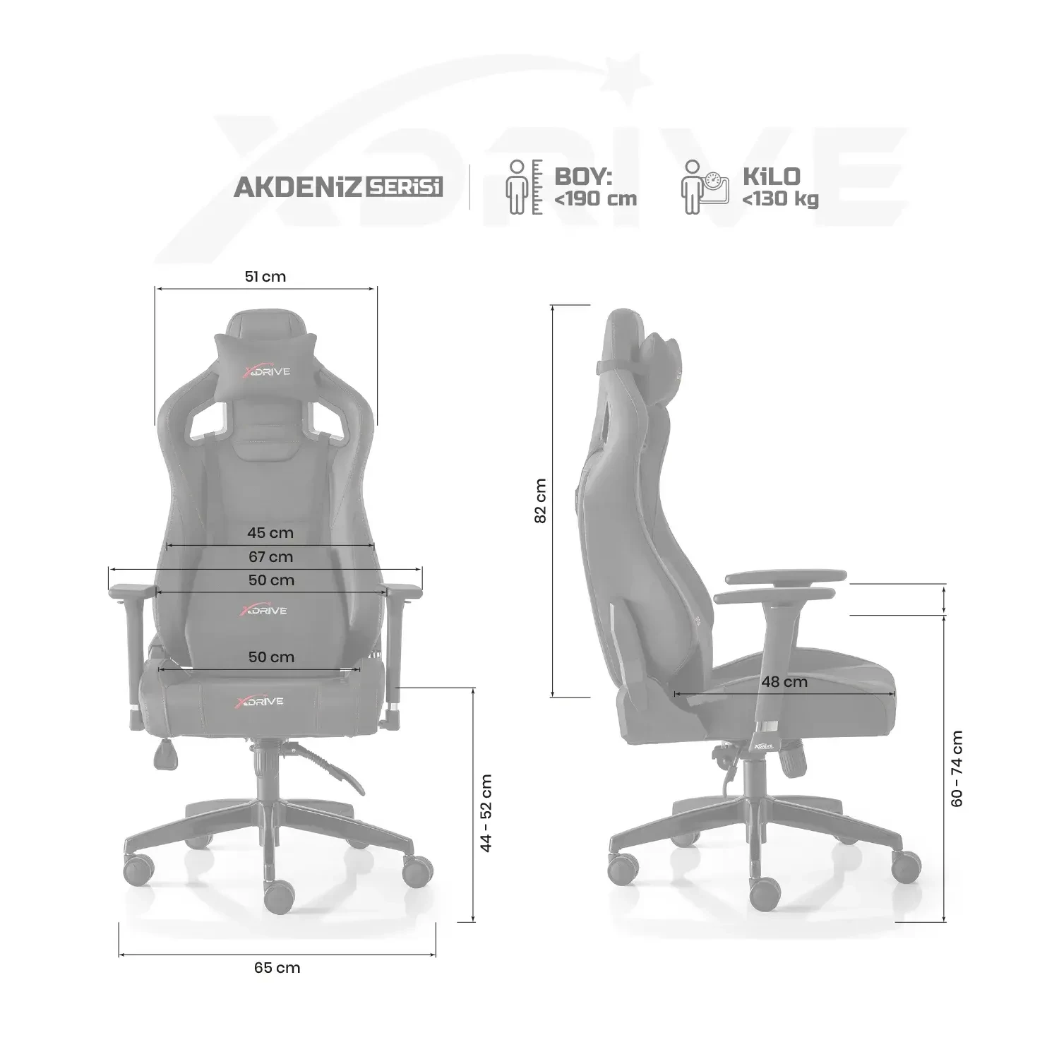 Chaise gamer XDRIVE AKDENIZ en simili-cuir – confort ergonomique, dossier inclinable 160°, accoudoirs 3D et design élégant noir/gris.