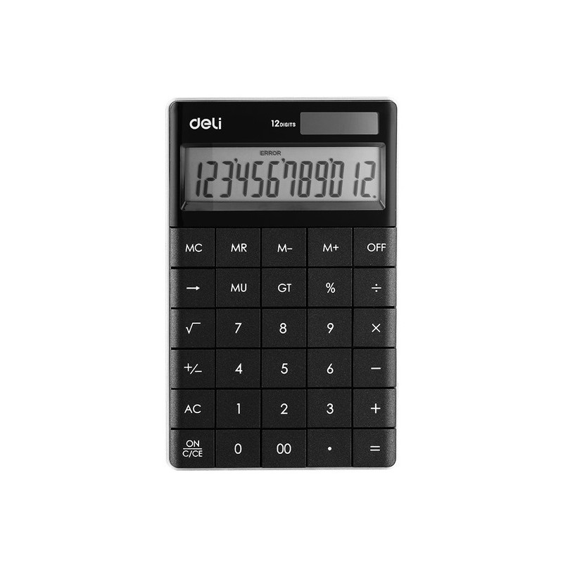 Calculatrice de bureau DELI E1589, disponible en plusieurs couleurs (blanc, bleu, rouge, vert, noir) pour une utilisation quotidienne polyvalente et élégante.