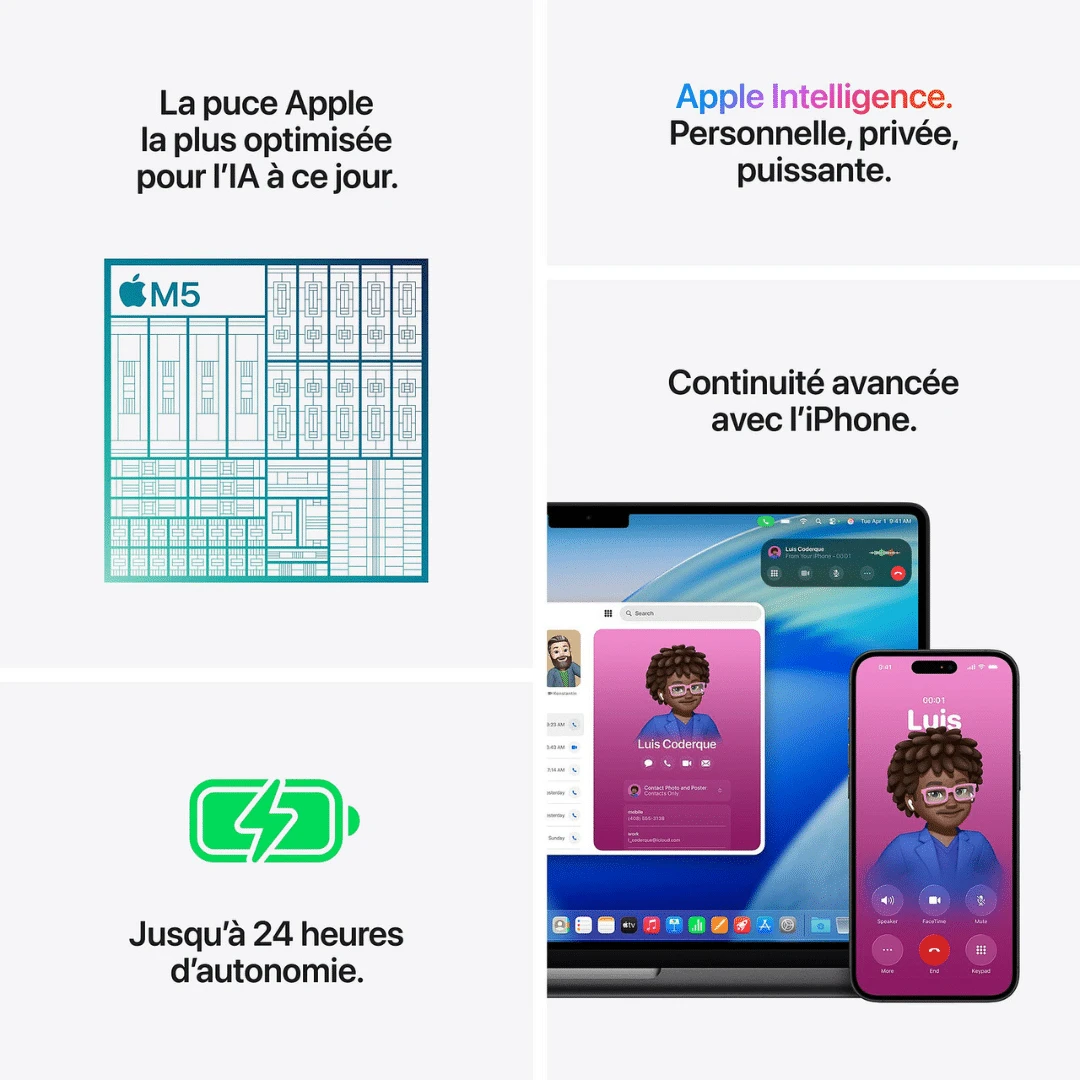 Le MacBook Pro 14 pouces avec puce Apple M5 offre une puissance exceptionnelle, une autonomie longue durée et un écran ultra-fluide 120 Hz. Avec 16 Go de mémoire unifiée et 1 To de SSD, il est conçu pour les professionnels exigeants, la création de contenu et le multitâche intensif.