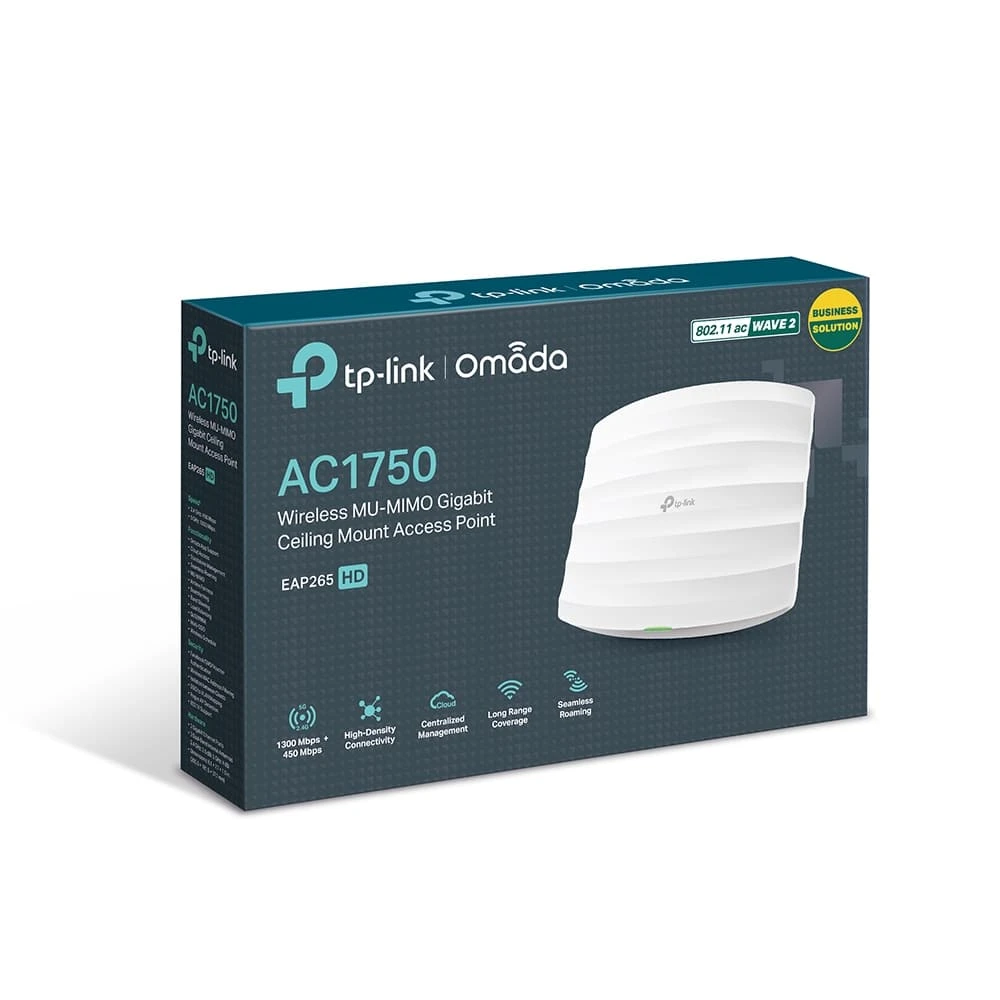 Le TP-Link EAP265HD est un point d’accès WiFi bi-bande AC1750 spécialement conçu pour les environnements à forte densité tels que les bureaux, hôtels, écoles et restaurants. Grâce à la technologie MU-MIMO, à l’intégration Omada SDN Cloud et au support PoE, il garantit une connexion stable, rapide et facilement gérable.