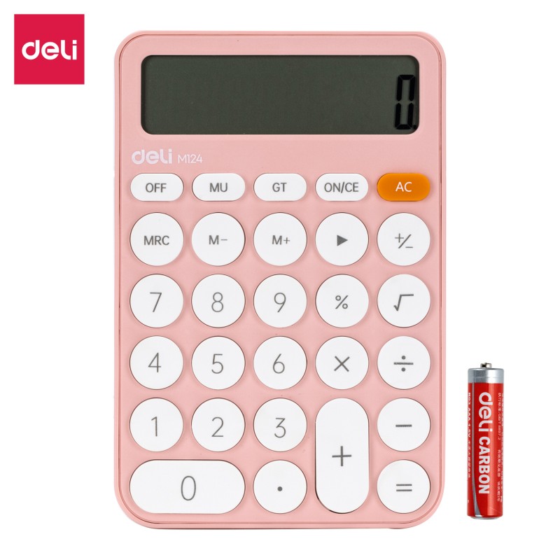 Calculatrice Deli M124, disponible en couleurs vives (rose, bleu, et vert) chez It Delta Com, parfaite pour les étudiants et professionnels à la recherche d'un outil coloré et fonctionnel.