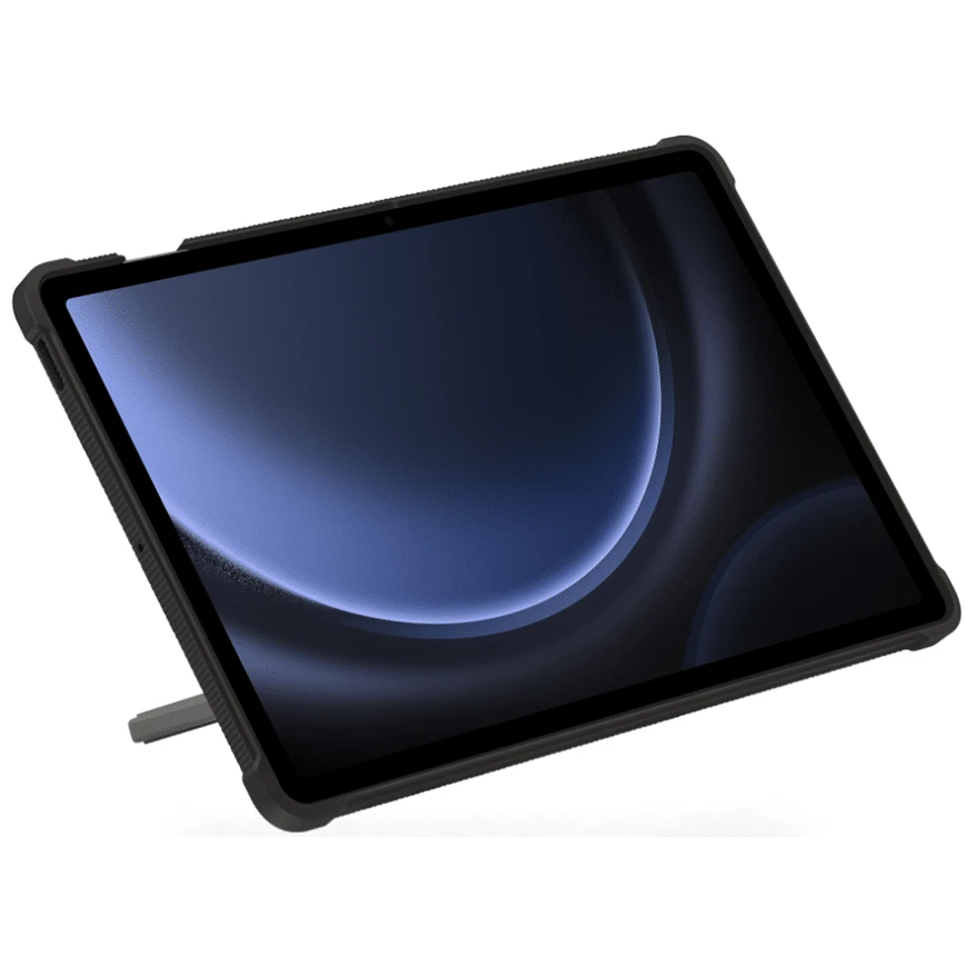 Étui extérieur Samsung Galaxy Tab S9 FE+ robuste avec protection anti-chocs, béquille intégrée et porte-S Pen pour une utilisation pratique et sécurisée.