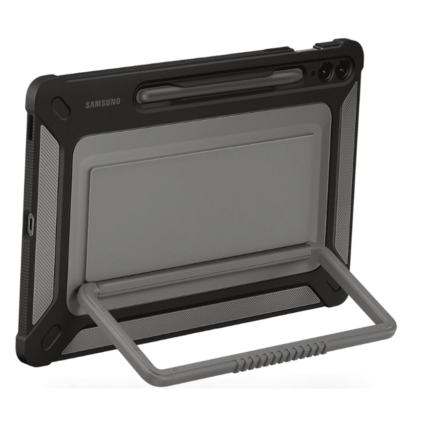 Étui extérieur Samsung Galaxy Tab S9 FE+ robuste avec protection anti-chocs, béquille intégrée et porte-S Pen pour une utilisation pratique et sécurisée.