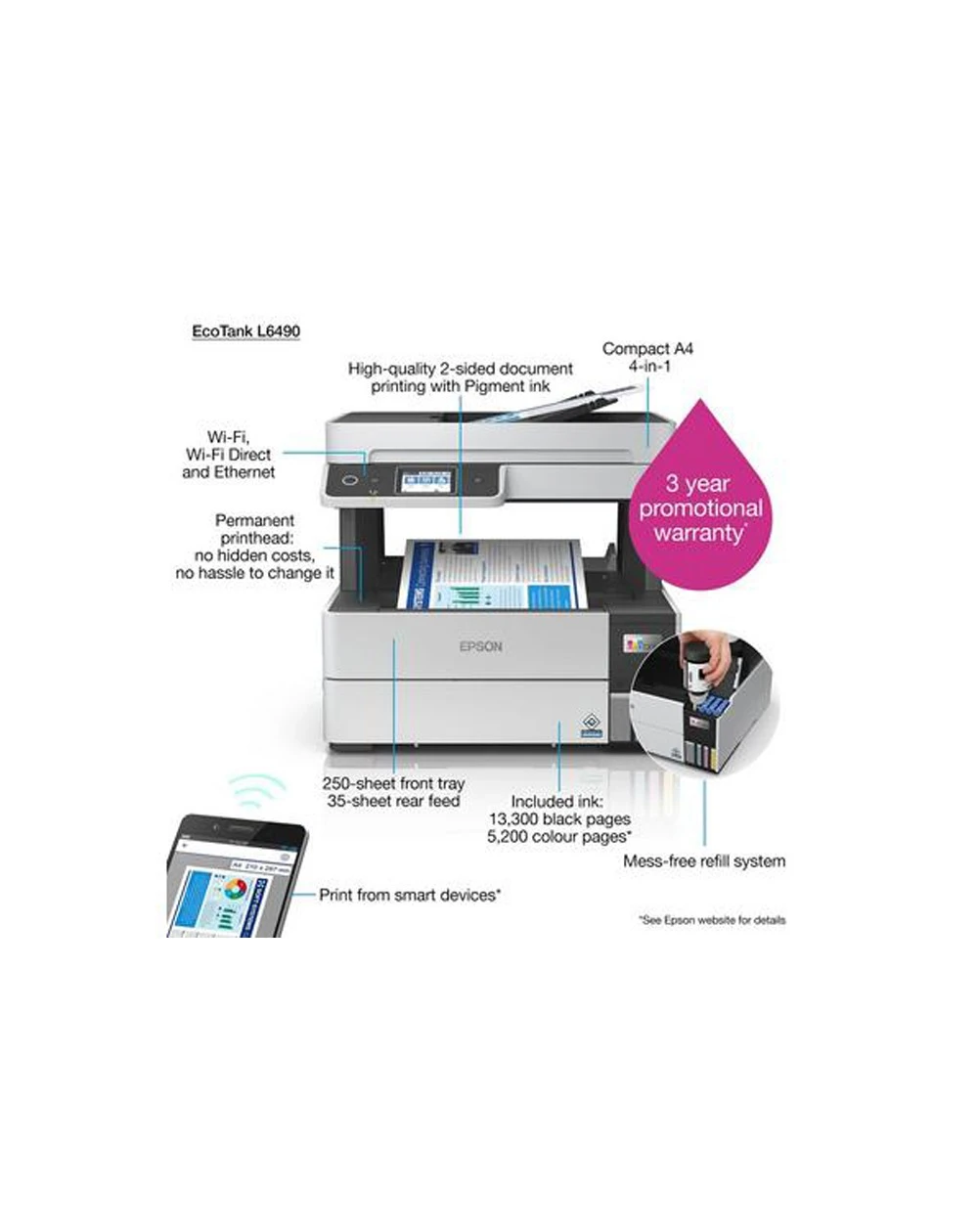 L'Imprimante Epson EcoTank L6490 est une imprimante multifonction à réservoirs rechargeables, offrant des impressions de haute qualité et une efficacité économique pour les entreprises.