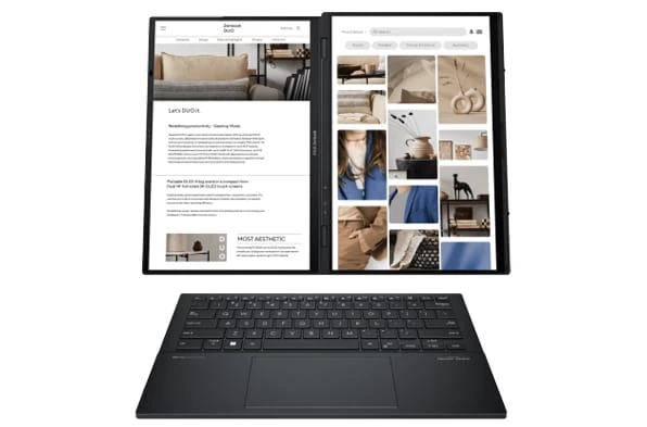Découvrez le Asus Zenbook Duo UX8406CA Ultra 9, un ordinateur révolutionnaire à double écran OLED 3K 120 Hz, boosté par l’Intel® Core™ Ultra 9 avec IA intégrée. Idéal pour les créatifs et professionnels exigeants au Maroc.