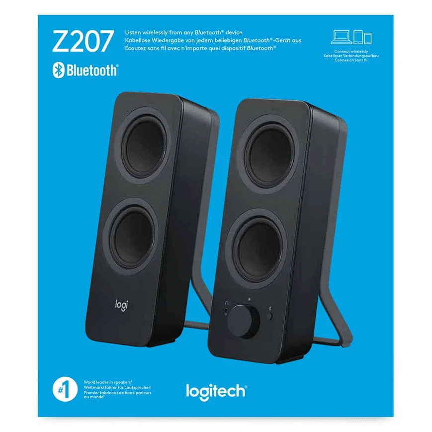 Les Logitech Z207 sont des haut-parleurs 2.0 Bluetooth pour ordinateur offrant une puissance totale de 10W, connectivité sans fil ou filaire via jack 3,5 mm, et un bouton de couplage Bluetooth pratique pour une utilisation facile.