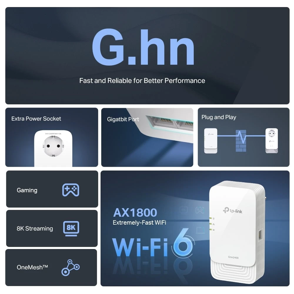Le Kit CPL G.hn 2400 WiFi 6 AX1800 (PGW2445 KIT) combine la puissance du WiFi 6 et la stabilité du CPL G.hn MIMO pour offrir une connexion rapide, fiable et étendue dans toute la maison. Avec un débit jusqu’à 1800 Mbps, une couverture jusqu’à 300 m via le réseau électrique et la compatibilité EasyMesh, il est idéal pour le streaming 8K, les jeux en ligne et le télétravail.
