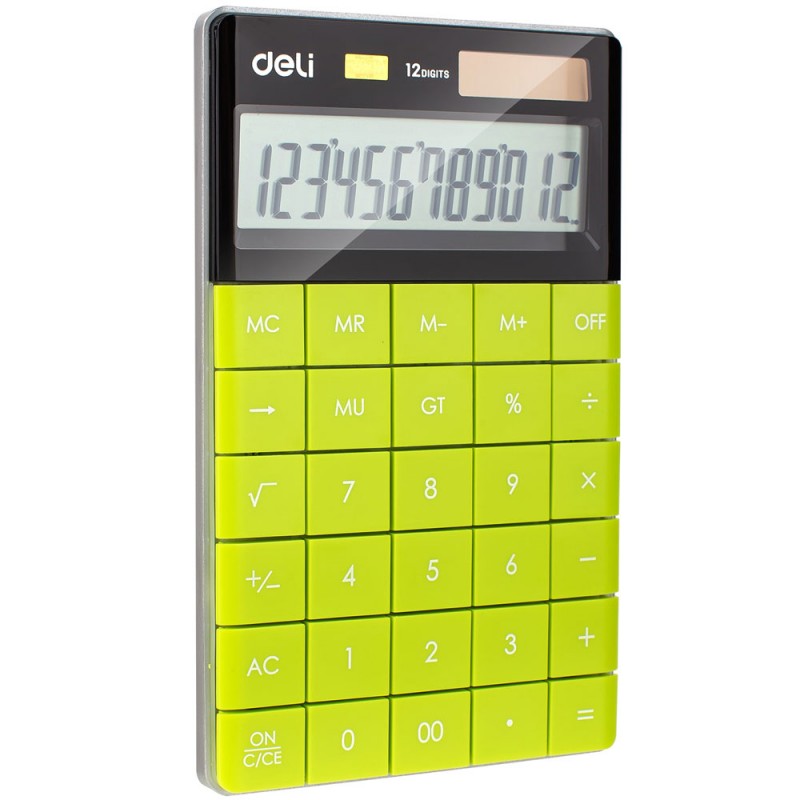 Calculatrice de bureau DELI E1589, disponible en plusieurs couleurs (blanc, bleu, rouge, vert, noir) pour une utilisation quotidienne polyvalente et élégante.